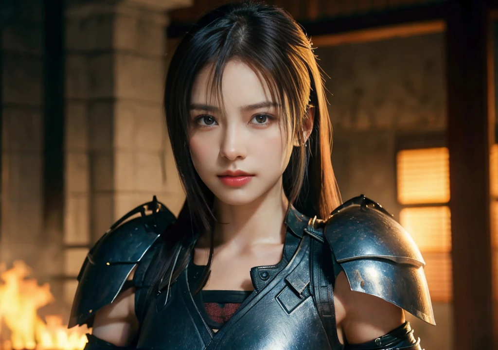 A stunning female warrior with flowing Blonde hair, clad in metal armor that accentuates her curves. Her face radiates beauty and courage, with piercing Orange eyes. She wields a samurai with confidence, ready for battle. The background depicts an epic battlefield. Dramatic lighting highlights the details of her armor and facial expression. Realistic style with high detail, The mouth is hidden,she's got his sword at the ready,close eyes,no move,don't move,foward body.
