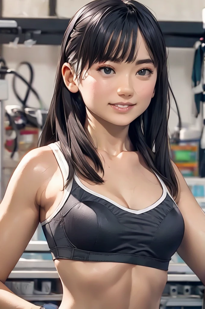 slender girl, (make up:1.3), (sport bra:1.2), small breasts, at school room, (upper body shot:1.1), cowboy shot