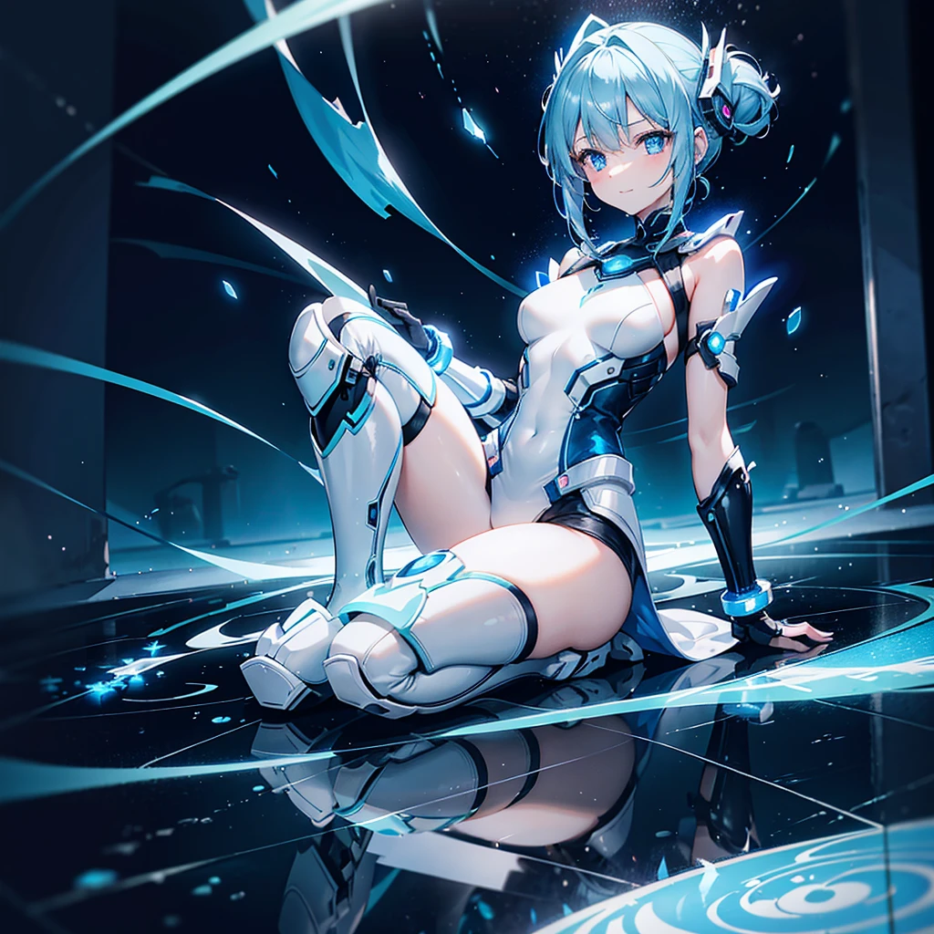 8k, Highest quality, (real:1.4), Original photo, 1 girl, Asari Hair, Biological Amplifier, Very sleek and futuristic armor, posture: Peace talks between warring factions,,attention arousal, smart blue eyes,A modest smile,Knee-high boots,Patent-look blue tights,Blue big moon and blue light swirl in the background,Blue light from behind,blue light magic,A small, glowing blue ball in the palm of your hand,Blue flame swirl,Blue Comet,Polished floor,