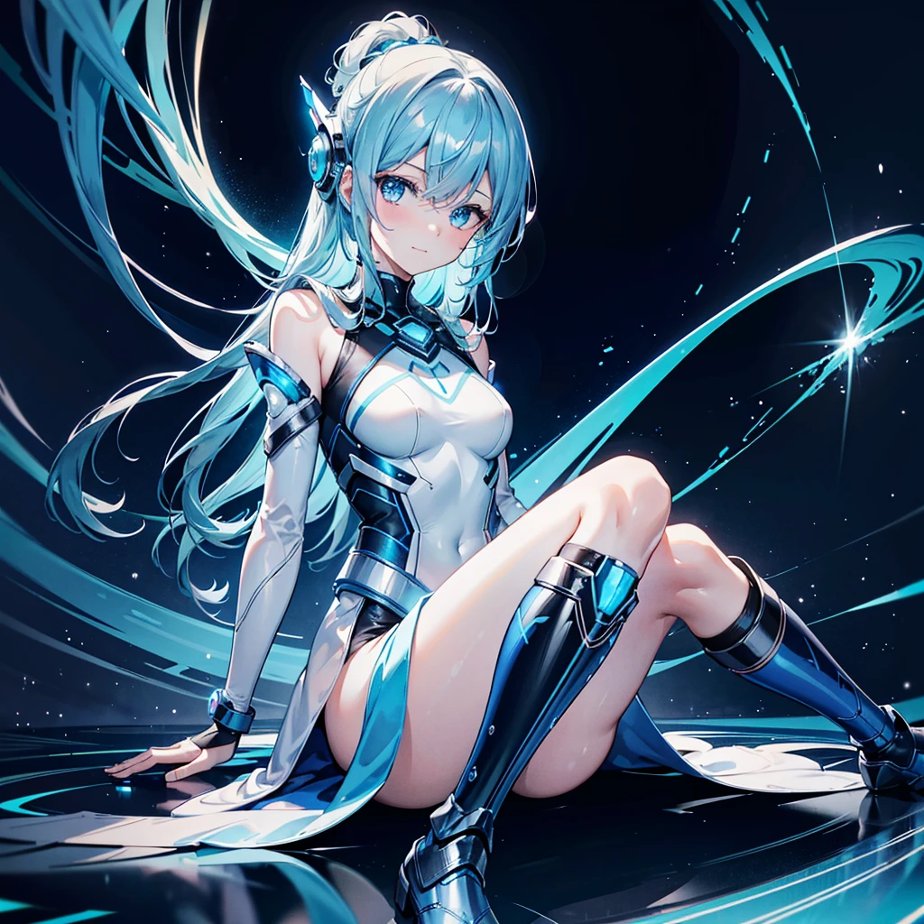 8k, Highest quality, (real:1.4), Original photo, 1 girl, Asari Hair, Biological Amplifier, Very sleek and futuristic armor, posture: Peace talks between warring factions,,attention arousal, smart blue eyes,A modest smile,Knee-high boots,Patent-look blue tights,Blue big moon and blue light swirl in the background,Blue light from behind,blue light magic,A small, glowing blue ball in the palm of your hand,Blue flame swirl,Blue Comet,Polished floor,