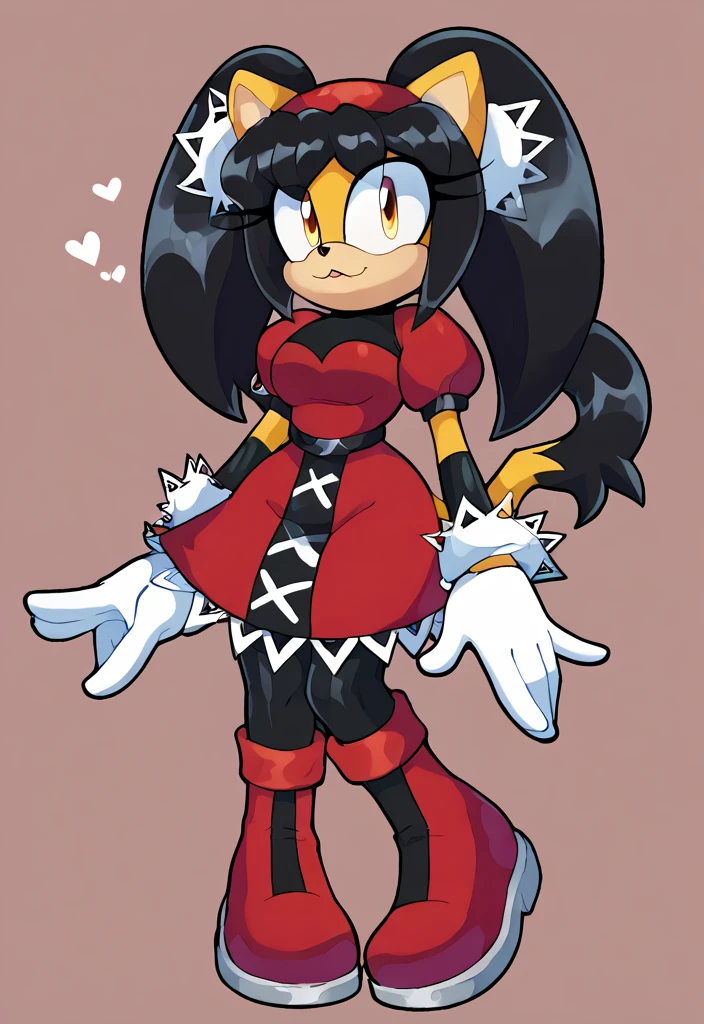 score_9, score_8_up, 2D, flat color, a plain white background with nothing in it, looking at viewer, 1girl, very detailed, extremely detailed, latex clothes, honey the cat from the sonic the hedgehog series, sexy standing, full body, wide hips, narrow waist, curvy body, red sexy dress, big , frilly hair ties, sexy expression, open mout, open hands, wide eyes, black hair, twin tails hair, sexy short red dress with a white trim, heart-shaped part in clothes, heart-shaped part in cloth, red boots whit white cuffs, red headband, white gloves white red cuffs, black stockings, sexy expression, sexy clothes, nsfw, sem fundo