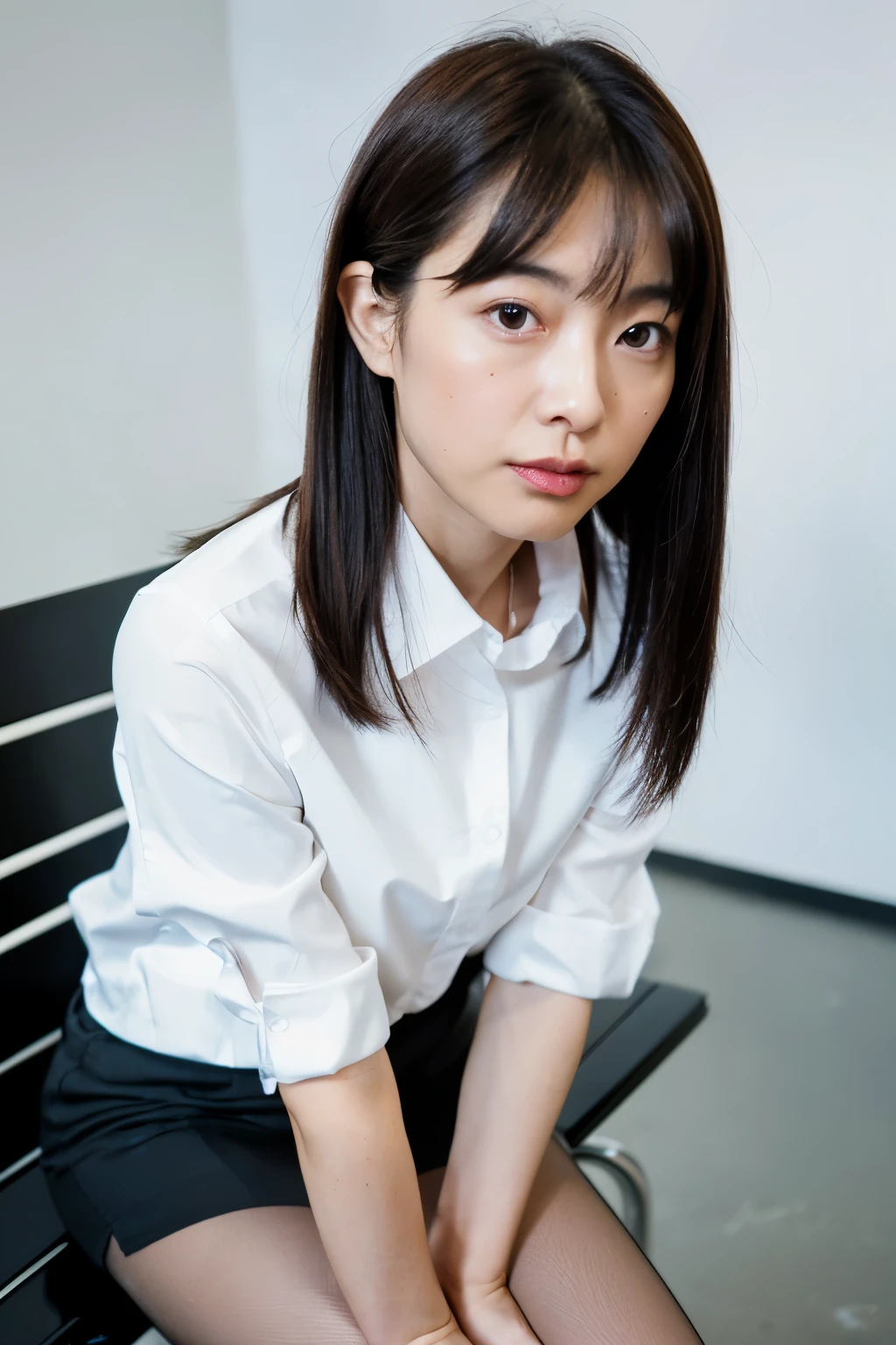 Uruchan-6500-v1.1, (RAW Photos:1.2), (Photorealistic), (Genuine:1.4), (Highest quality,8k,masterpiece), ((Photorealistic:1.4, RAW Photos, Ultra-high resolution,High-quality images)), Complete limbs, Full Finger, (Camera taken from below:1.3), BREAK,
(Business services:1.5), (Japan, Office uniform:1.2), black_Best, black_Tight Skirt((Sitting on a bench:1.3)), (Ultra-realistic pantyhose:1.3), (High heels)、Spread your knees far apart, (Spread your legs wide to the left and right:1.5), Panty shot, White tiny panties, BREAK,
Rough skin, Wrinkles around the mouth and eyes, Anatomically correct, sharp, ((Japan人 Mature Woman, 45 years old:1.2)), alone, (Facial wrinkles), blackい瞳, (Shoulder-length straight hair:1.5), Bangs fall on the forehead, Face up a little, BREAK,
Mature Woman, 45 years old, (((Facing the center of the screen.))), Close your mouth and look straight ahead with a serious face., Looking into the camera, Sexy Makeup, (Turn your body towards the camera), (Face the camera), Full body image, (From the knee up:1.3), (Face the camera:1.5), BREAK,
Gray background, Soft light from the front, BREAK,