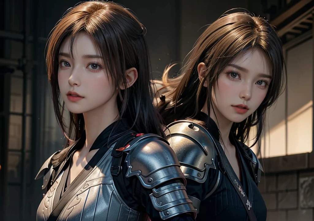 A stunning female warrior with flowing Blonde hair, clad in metal armor that accentuates her curves. Her face radiates beauty and courage, with piercing Orange eyes. She wields a samurai with confidence, ready for battle. The background depicts an epic battlefield. Dramatic lighting highlights the details of her armor and facial expression. Realistic style with high detail, The mouth is hidden,she's got his sword at the ready,close eyes,no move,don't move,foward body.