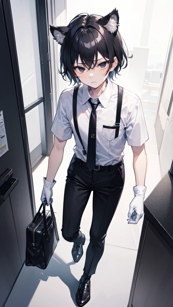 A 16-year-old boy，cute，Wear a white short-sleeved shirt and a black work tie，Wear long black pants，Wear black leather shoes，Wear white gloves，wear cat ears，Black hair，Black eyes，cold expression，disdain，Have tiger teeth