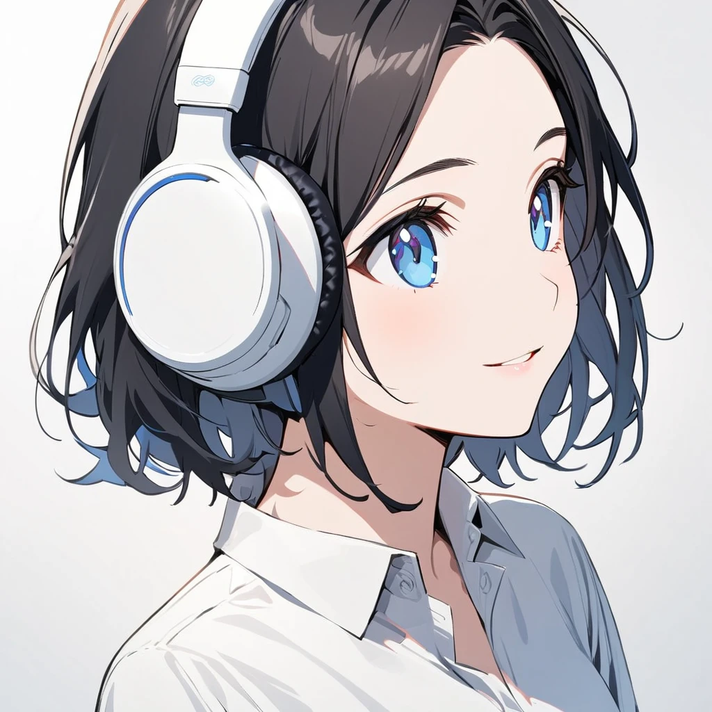 beautiful 1girl, solo, gentle smile on her face flat chest, short hair, black hair, beautiful blue eyes, young, adult woman, blank background, while wearing wireless white headphones, formal white shirt and
