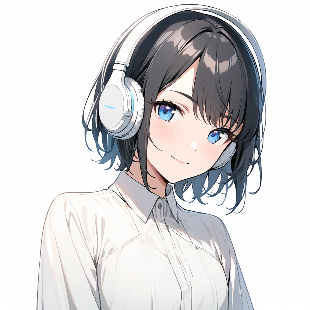 beautiful 1girl, solo, gentle smile on her face flat chest, short hair, black hair, beautiful blue eyes, young, adult woman, blank background, while wearing wireless white headphones, formal white shirt and