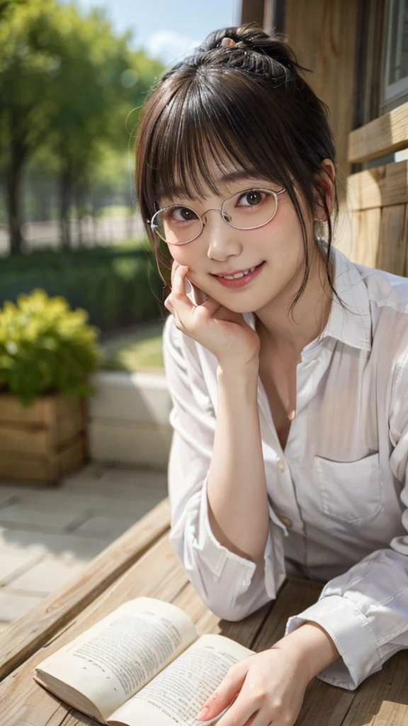 Japanese girl looking at the viewer, posing with a smile (highest quality, masterpiece))), (((wearing(White shirt)))、High resolution, very detailed, masterpiece, cinematic lighting, (8K, highest quality, masterpiece: 1.2), (realistic, photorealistic: 1.37) high resolution, Super detailed, 1 girl, woman wearing glasses, thin frame round glasses, light colored glasses frames, ASİAN, cute, cute face, alone, short hair 1.2, rough skin, beautiful smile, beautiful detailed sky, movie lighting, Depth of the bounds written, lens flare light, On a date, (blush), (smile: 1 ),(closed your mouth), Beautiful eyes in every detail, (long hair: 1.2)、 floating hair nova frog style,Rainy side、((本を読んでいる))、((大きくて豊かな胸:1.5))