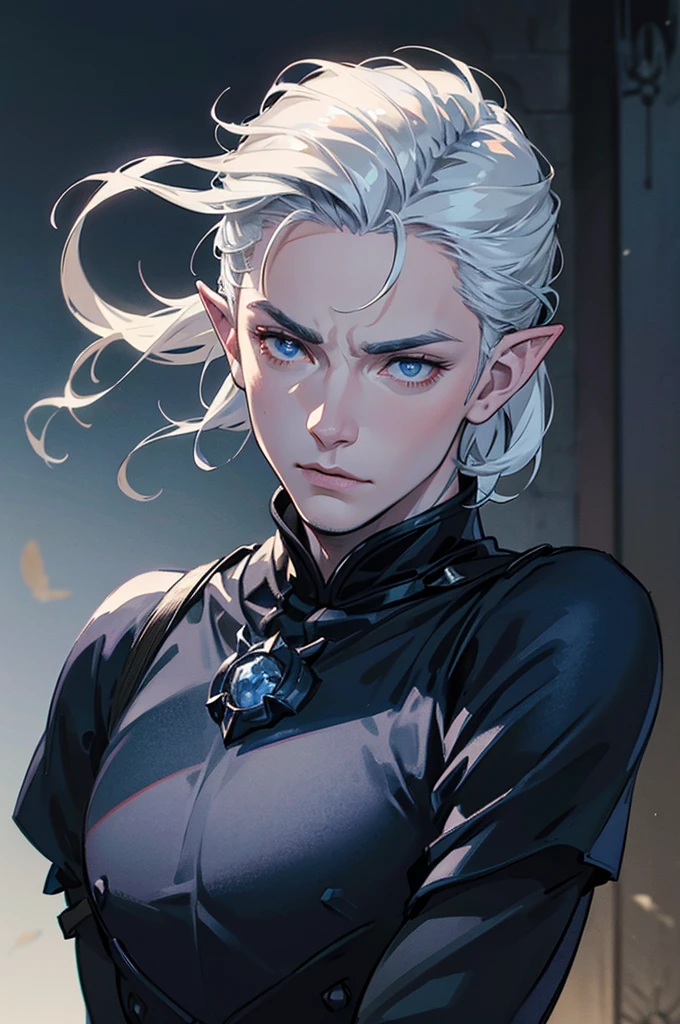 a muscular man with very short white hair, dark blue eyes, very pale skin, dark blue horns, pointy ears, wearing ornate fantasy armor, dramatic lighting, dark blue and gray color palette, highly detailed, intricate, cinematic camera angle, dramatic mood, (best quality,4k,8k,highres,masterpiece:1.2),ultra-detailed,(realistic,photorealistic,photo-realistic:1.37)