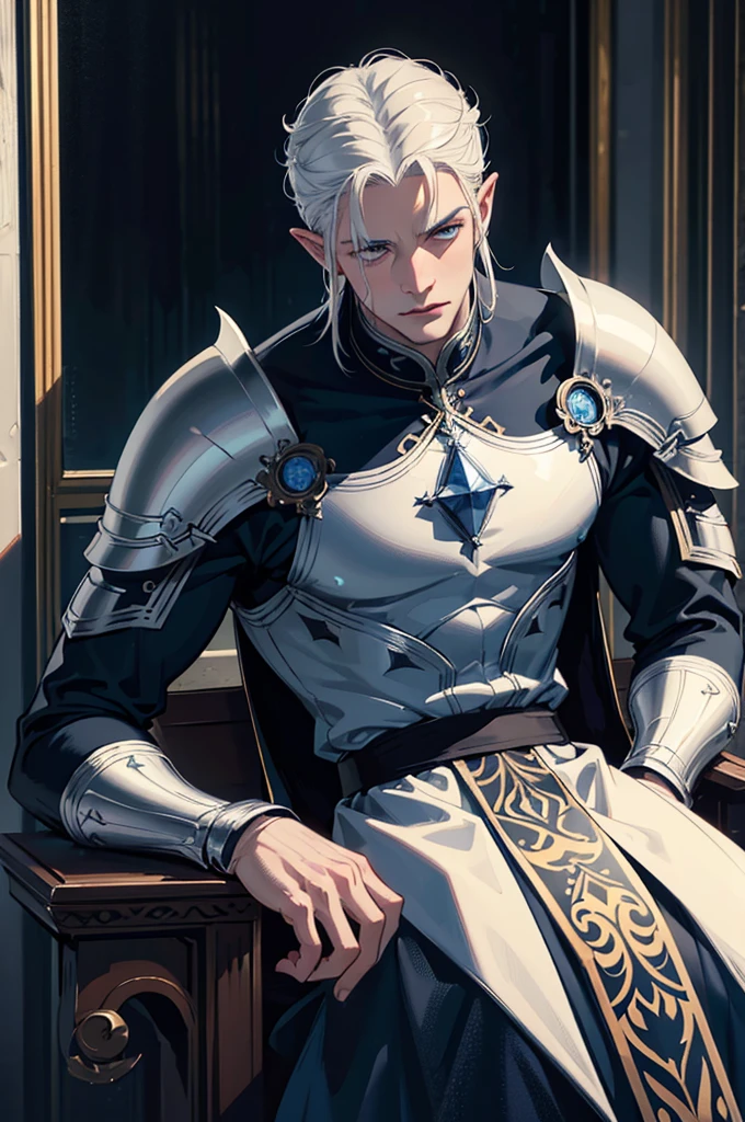 a muscular man with very short white hair, dark blue eyes, very pale skin, dark blue horns, pointy ears, wearing ornate fantasy armor, dramatic lighting, dark blue and gray color palette, highly detailed, intricate, cinematic camera angle, dramatic mood, (best quality,4k,8k,highres,masterpiece:1.2),ultra-detailed,(realistic,photorealistic,photo-realistic:1.37)