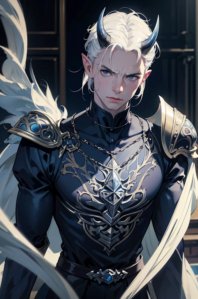 a muscular man with very short white hair, dark blue eyes, very pale skin, dark blue horns, pointy ears, wearing ornate fantasy armor, dramatic lighting, dark blue and gray color palette, highly detailed, intricate, cinematic camera angle, dramatic mood, (best quality,4k,8k,highres,masterpiece:1.2),ultra-detailed,(realistic,photorealistic,photo-realistic:1.37)