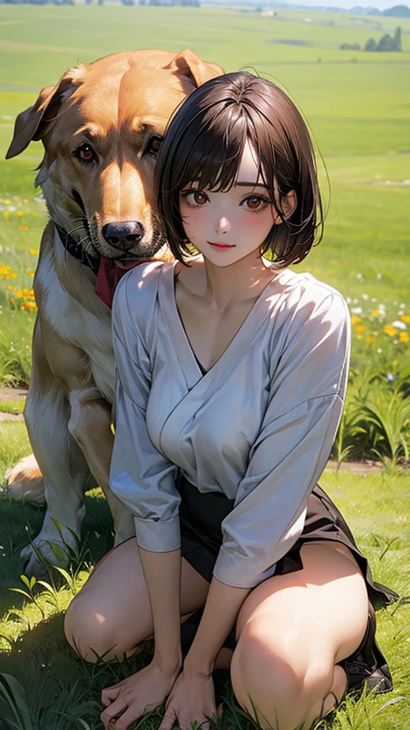 (masterpiece:1.2, top-quality), (realistic, photorealistic:1.4), beautiful illustration, (natural side lighting, movie lighting), 
looking at viewer, cowboy shot, front view, 1 girl, japanese, high school girl, perfect face, cute and symmetrical face, shiny skin, 
(short hair:1.2, bob cut:1.2, brown hair), swept bangs, dark brown eyes, long eye lasher, (large breasts:0.6, seductive thighs), 
beautiful hair, beautiful face, beautiful detailed eyes, beautiful clavicle, beautiful body, beautiful chest, beautiful thigh, beautiful legs, beautiful fingers, 
In the grass of a meadow, (A woman is on all fours in the grass in a meadow. She is carrying a large dog on her back.)A complete body. Full hands and legs.

(The woman is on all fours with a large dog on her back.) Perfect body.
Her nipples are standing even on her shirt. （The skirt is shorter than normal, but even shorter, so short that you can almost see her panties.)The girl has brown hair.

(The skirt is extremely short.) The girl's hair is brown.