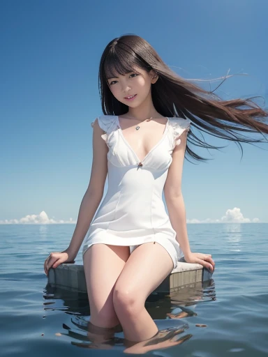 Japanese female, a lot of details, (underweight), detailed black hair, beautiful detailed hair, super fucking beautiful, delicate beautiful face, complex details beautiful and delicate eyes, perfect hands, (flat chest best quality:1.5), perfect and delicate limbs, detailed skin, best quality, ultra-detailed,(cheerful grin:1.3),
sky, (cloud texture), (floating:1.4), sitting, (white dress), in the clouds, full body shot, low angle shot