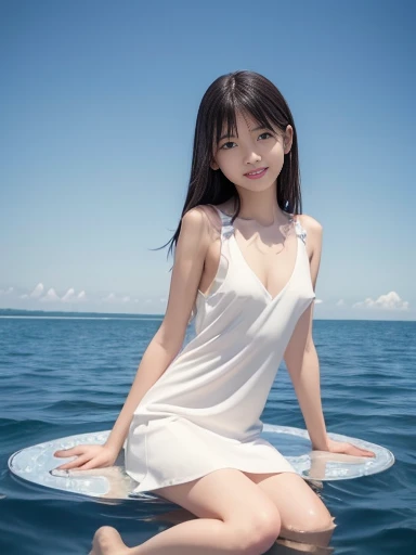 Japanese female, a lot of details, (underweight), detailed black hair, beautiful detailed hair, super fucking beautiful, delicate beautiful face, complex details beautiful and delicate eyes, perfect hands, (flat chest best quality:1.5), perfect and delicate limbs, detailed skin, best quality, ultra-detailed,(cheerful grin:1.3),
sky, (cloud texture), (floating:1.4), sitting, (white dress), in the clouds, full body shot, low angle shot
