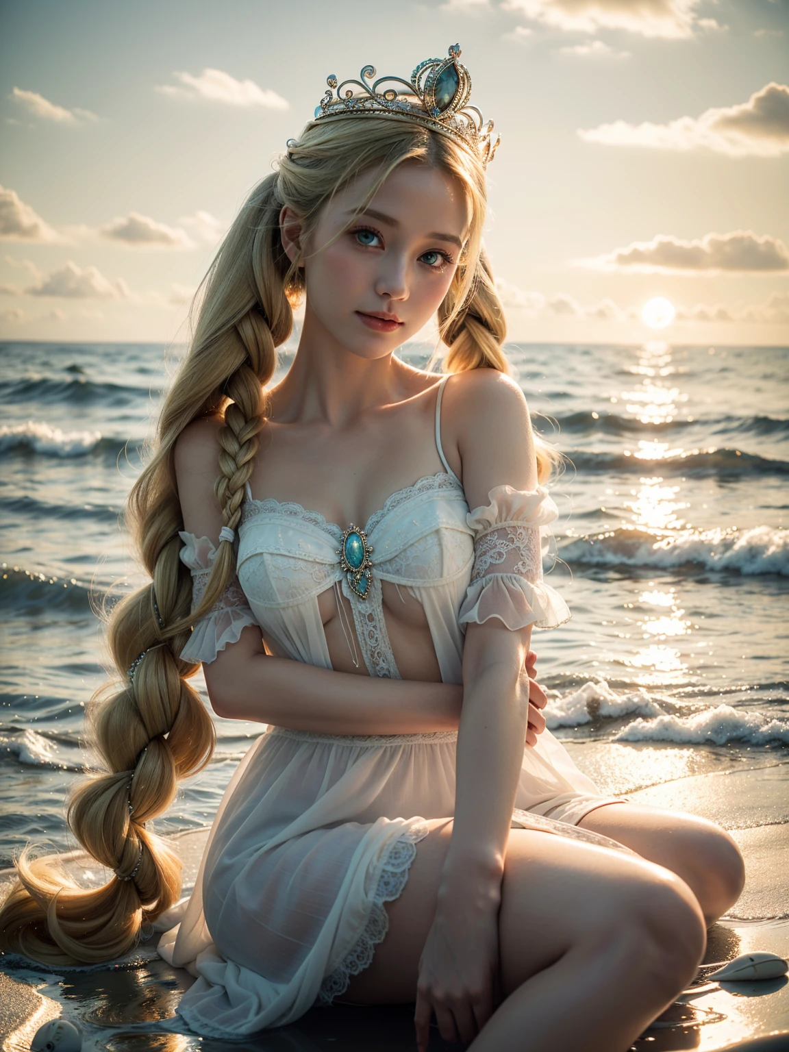,((best quality best))),8k,((masterpiece)),(very delicately beautiful), There was a girl coming out of the sea, Swan princess in Russian mythology, beautiful and calm face, eblue eyes, braided long blonde hair, Moon pigtails on the back of the head, Shiny white old clothes from Russia，wearing a Kokosnik crown, friendly expression, half smile, The face has a gentle expression, With seascape and sunlight in the background, Seagulls in the sky, total length, hentale realism