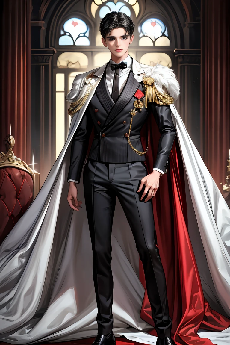 masterpiece, 最high quality, high quality, 1 boy, alone, Male focus, Watching the audience, Messy black hair, Adorable big blue eyes, White, Noble, Noble,A sexy, voluminous, puffy cape、tuxedo、A very voluminous, large, very large, very large, long, long red and black cape with a high stand-up collar, made of a lot of fabric that reaches down to the floor., ,Cute beautiful boys,Cute, cute, kind, handsome guy