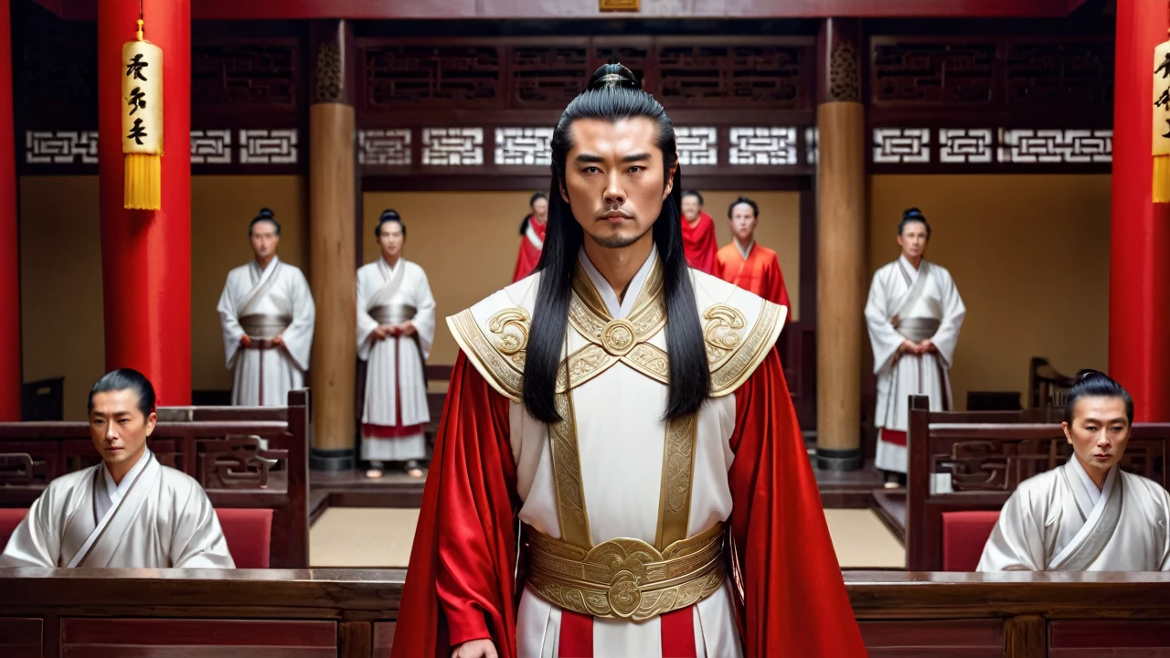a handsome outstanding and noble warrior with a radiant aura, in white ancient Chinese warrior clothing with a silver stripes and a red long cape. He has long black hair styled in an ancient Chinese manner.he is standing inside a bright colored chin dynasty courtroom and behind him there are elders dressed in white robes with golden stripes.