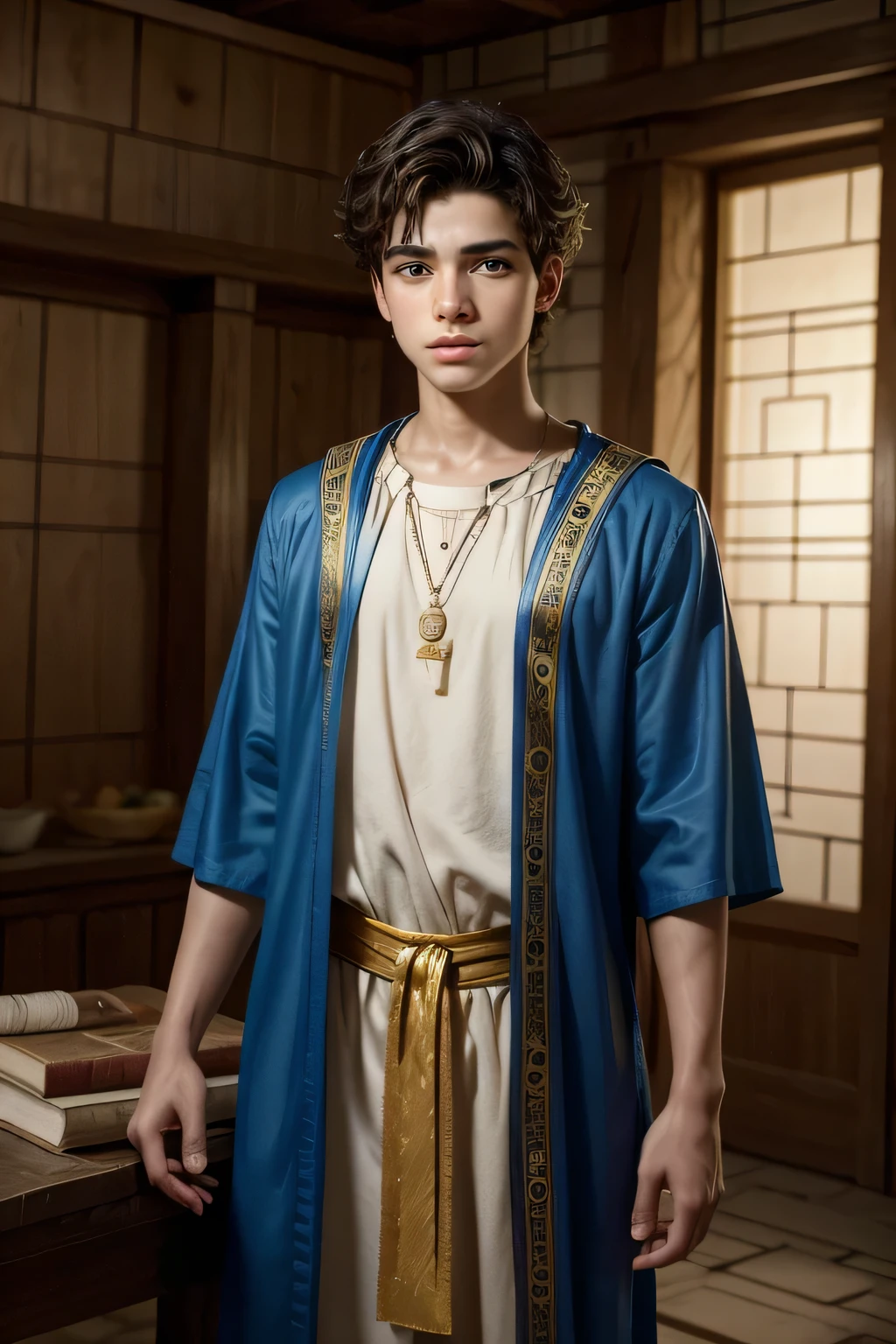 Create a realistic image of a biblical scene from the Old Testament, specifically the story of Joseph of Egypt, found in the book of Genesis. The scene should show José, a young man of approximately 17 years old, wearing a colorful tunic given by his father, Jacob. The tunic should be vibrant, visibly standing out.