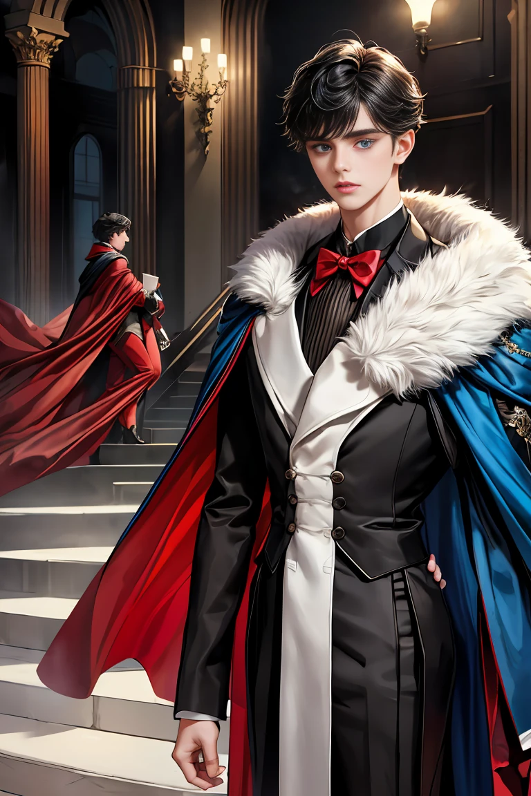 masterpiece, 最high quality, high quality, 1 boy, alone, Male focus, Watching the audience, Messy black hair, Adorable big blue eyes, White, Noble, Noble,A sexy, voluminous, puffy cape、tuxedo、A very voluminous, large, very large, very large, long, long red and black cape with a high stand-up collar, made of a lot of fabric that reaches down to the floor., 17 years old,Cute beautiful boys,Cute, cute, kind, handsome guy