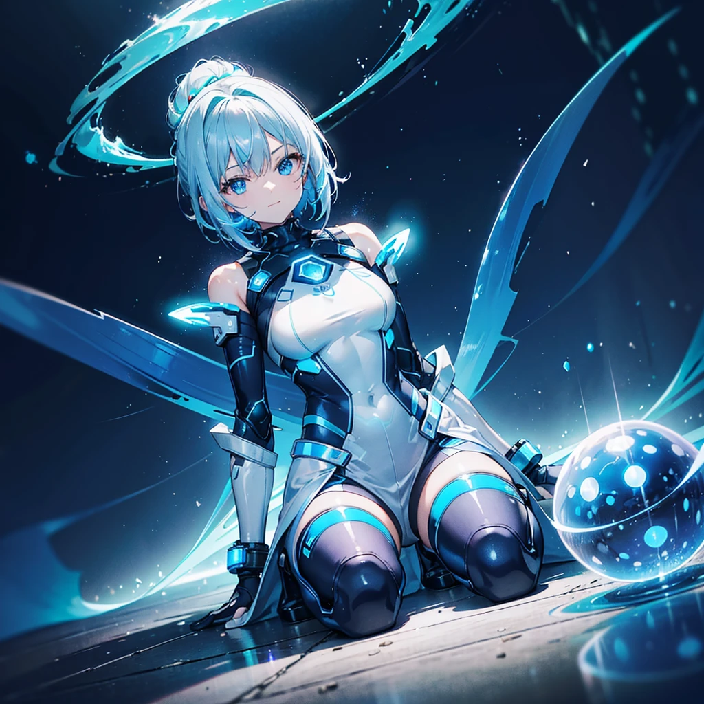((Holographic glow effect)),8k, Highest quality, (real:1.4), Original photo, 1 girl, Asari Hair, Biological Amplifier, Very sleek and futuristic armor, posture: Peace talks between warring factions,,attention arousal, smart blue eyes,A modest smile,Knee-high boots,Patent-look blue tights,Blue big moon and blue light swirl in the background,Blue light from behind,blue light magic,A small, glowing blue ball in the palm of your hand,Blue flame swirl,Blue Comet,Polished floor,
