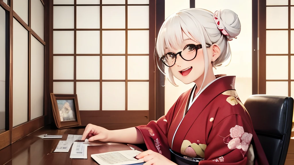 Cute old woman, 60 year old woman, one woman, one woman alone, Japanese room, kimono, kappogi, white hair, Japanese animation, comical, 4 heads tall, hair in a bun, round face, round glasses, sitting at a desk, front, fortune teller, astrology, laughing expression,