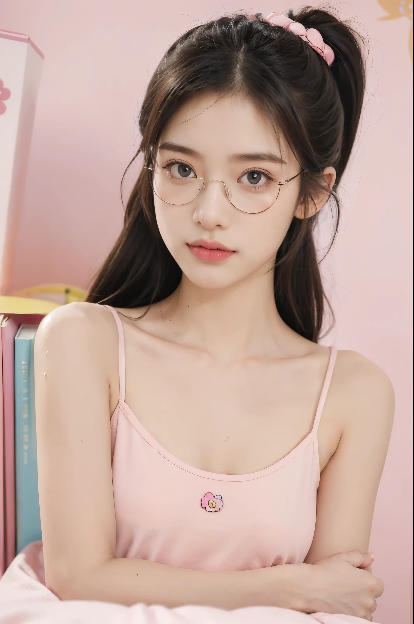 (((best quality))),(((ultra detailed))),(((masterpiece))),illustration,((1 beautiful girl,solo)),(short ponytail:1.2),((slim,thin)),((small breasts,flat chest)),(bright curious eyes:1.2), (glasses:1.3),(pink sundress with white Hello Kitty logo:1.3),((sweat,wet)),(Hello Kitty-themed bedroom:1.3),(beside the cluttered desk:1.3),((assignments,books, papers)), ((pink walls, Hello Kitty posters, pink bedding)), open window, gentle breeze, streetlights, youthful innocence, determination,summer, hard work, passion, youthful energy,((from front,upper body)),(night scene:1.3)