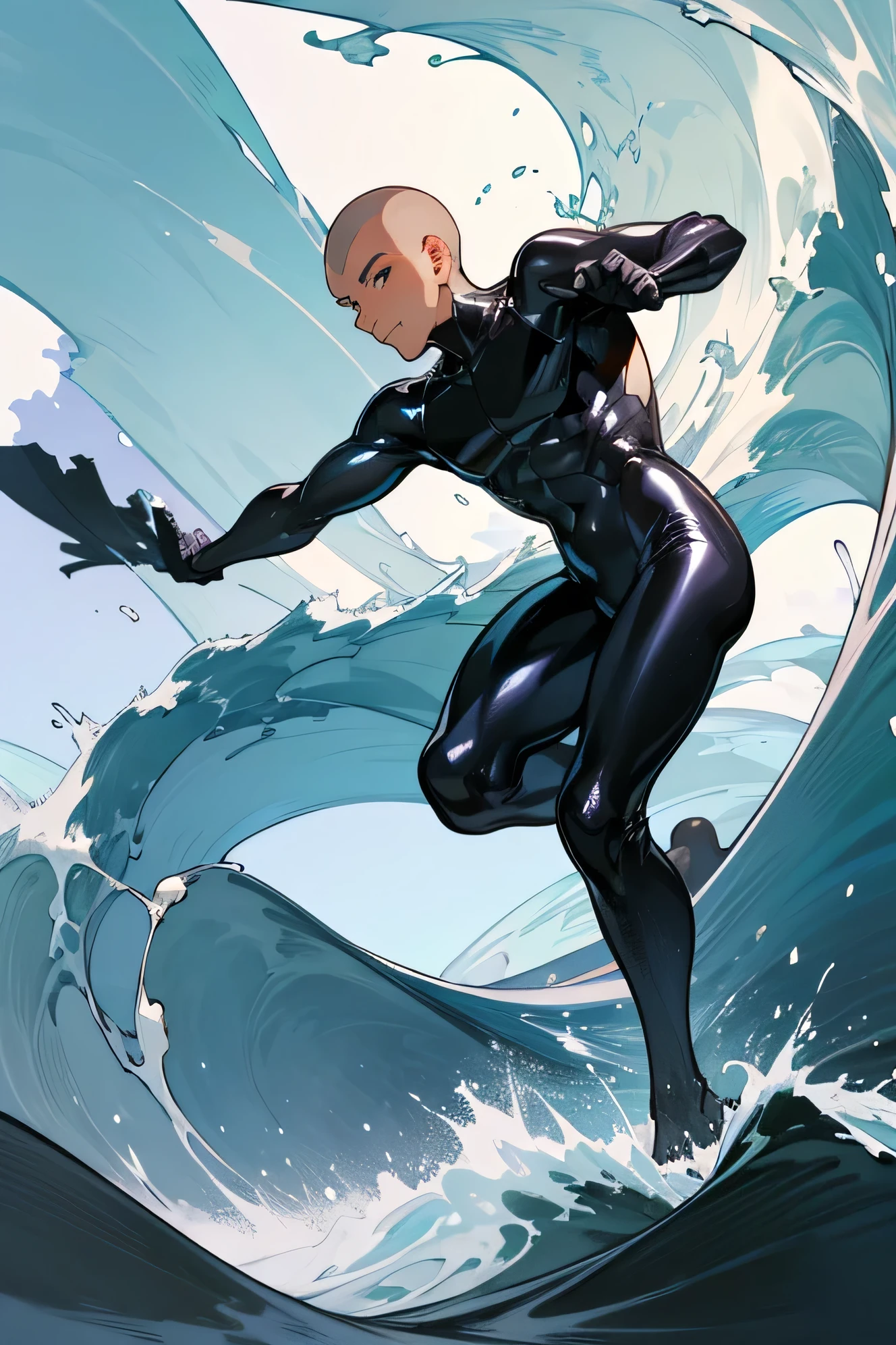 Handsome Japanese male models Black Hair Short cut Shaved head Slim figure smile looking at the camera Shiny full-body silver suit Shiny silver latex suit The background is a lot of water splashing Big Wave Wave vortex soaked Shine Dynamic Movement Bulge Background Bright sky Hokusai's Wave Upper Body Close-up