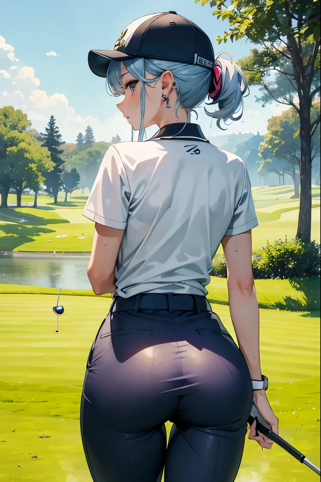 Golf Beauty、Enchanting Girl、Adorable expression、1 realistic club、Earrings、Vibrant、Sweat、game、Holding a golf club、Back view、Beautiful buttocks、Golf course、Bend、Turn around、cute、golf cap、My pants are tight、Big ass