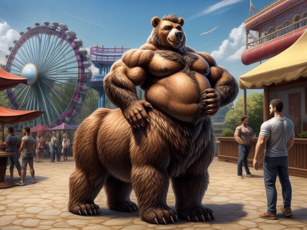 furry, fur taur, beartaur, human-like, anthro,  middle-age, solo,1man, detailed face, bear ears, bear eyes(brown), bear nose(black), bear mouth, beard(grey), hair, mature hair(grey), detailed arm, thick arm, forearm hair, muscular, thick hands(5 fingers), thick claws, detailed body belly, thick body, muscle belly(white), thick chest, chest hair(white), nipples, detailed taur body, thick taur body, waist hair, thick bear paws, bear paws hair, thick bear claws, thick bear tail, full body shot, standing in the amusement park