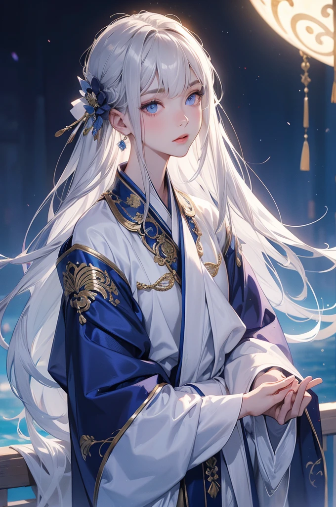 27 year old young man, Oriental clothing for 2040, female, long silver hair, deep blue eyes, Pale, soft skin, Silk robe draped over shoulders