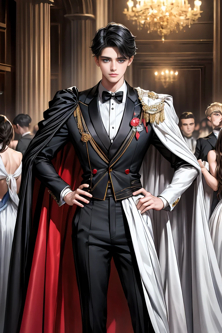
masterpiece, 最high quality, high quality, 1 boy, alone, Male focus, Watching the audience,  Messy black hair, Adorable big blue eyes, White, Noble, Noble,A sexy, voluminous, puffy cape、tuxedo、A very voluminous, large, very large, very large, long, long red and black cape with a high stand-up collar, made of a lot of fabric that reaches down to the floor., 17 years old,Cute beautiful boys,Cute, cute, kind, handsome guy