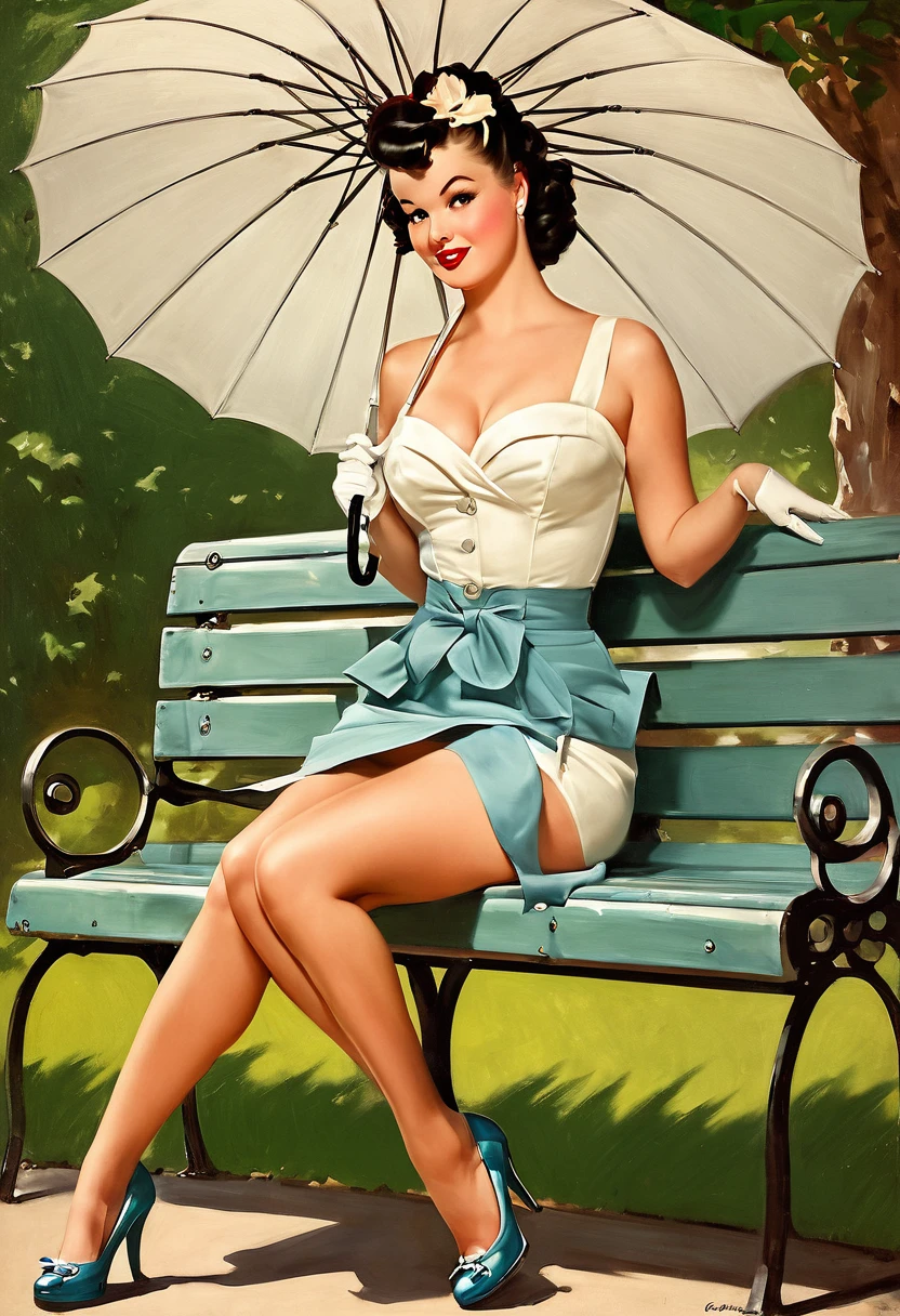 painting of a pinup girl sitting on a bench holding an umbrella, gill elvgren, gil elvgren style, pinup art, artgerm and gil elvgren, by Gil Elvgren, pinup, pin up, pin-up, pin - up, pinup girl, pin up girl, pin-up poster girl, high resolution:: gil elvgren