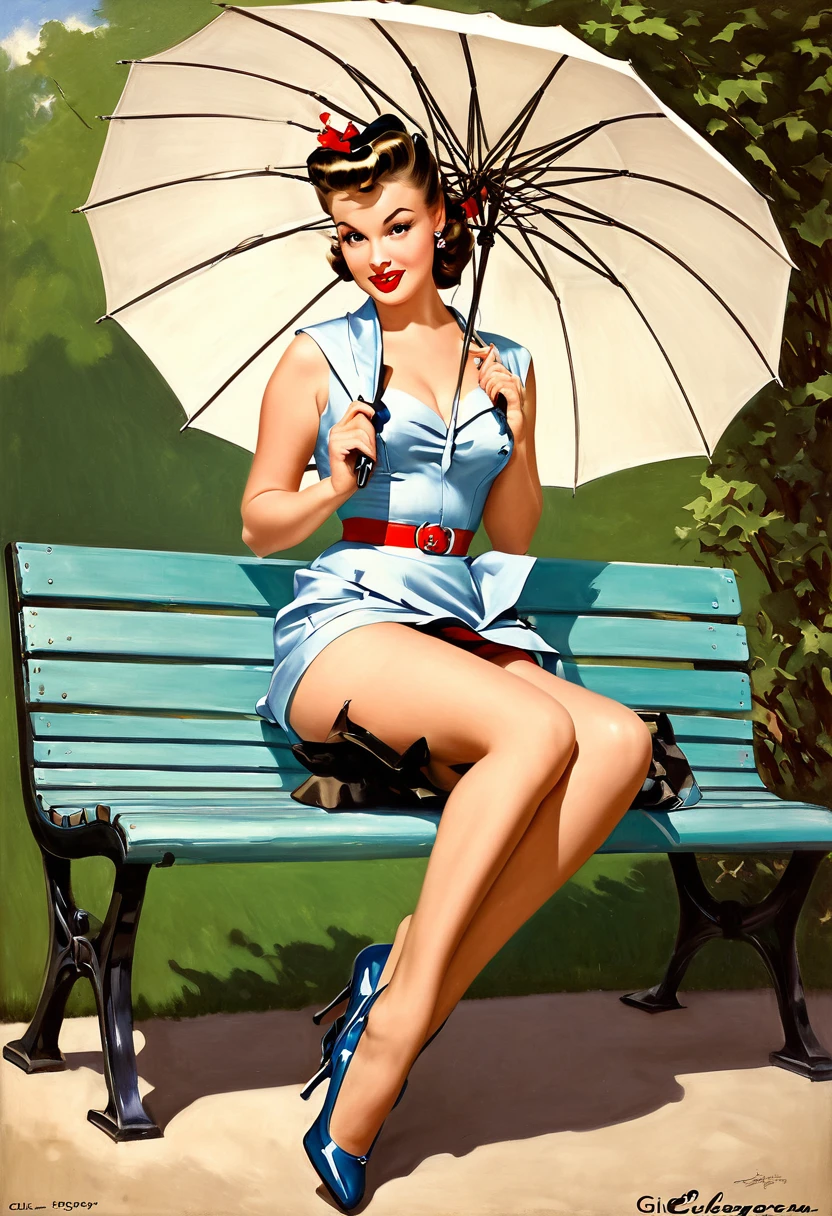 painting of a pinup girl sitting on a bench holding an umbrella, gill elvgren, gil elvgren style, pinup art, artgerm and gil elvgren, by Gil Elvgren, pinup, pin up, pin-up, pin - up, pinup girl, pin up girl, pin-up poster girl, high resolution:: gil elvgren