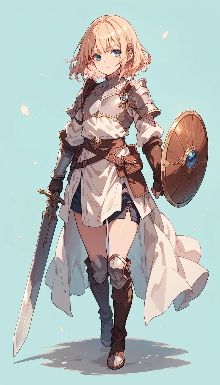 full body, A young adventurer, femboy, medium hair, light armor, one-handed sword, round shield, highly detailed, intricate,fantasy,(simple background:1.3)