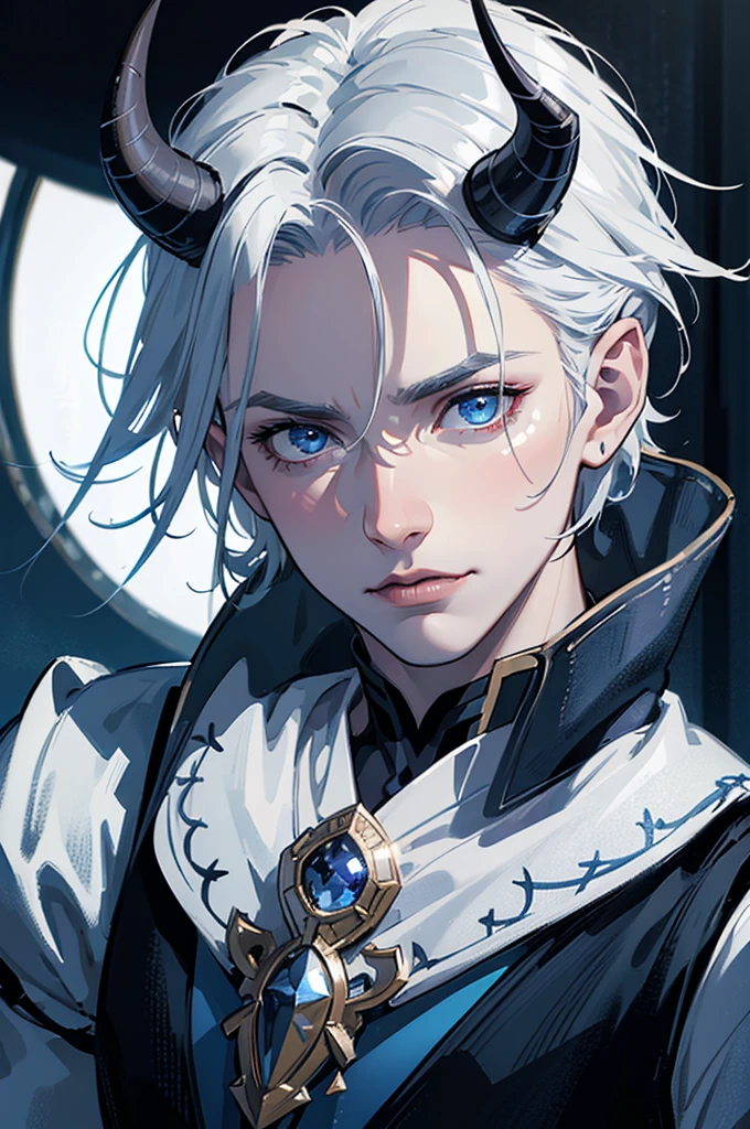 a young man with white hair sitting on a throne, expressive and serious look, beautiful detailed blue eyes, photorealistic, cinematic lighting, intricate details, masterpiece, dark clothes, king, dramatic, regal, powerful, majestic, high-resolution, hyperrealistic, sharp focus, chiaroscuro lighting, dramatic shadows, moody atmosphere, deep colors, cold tones