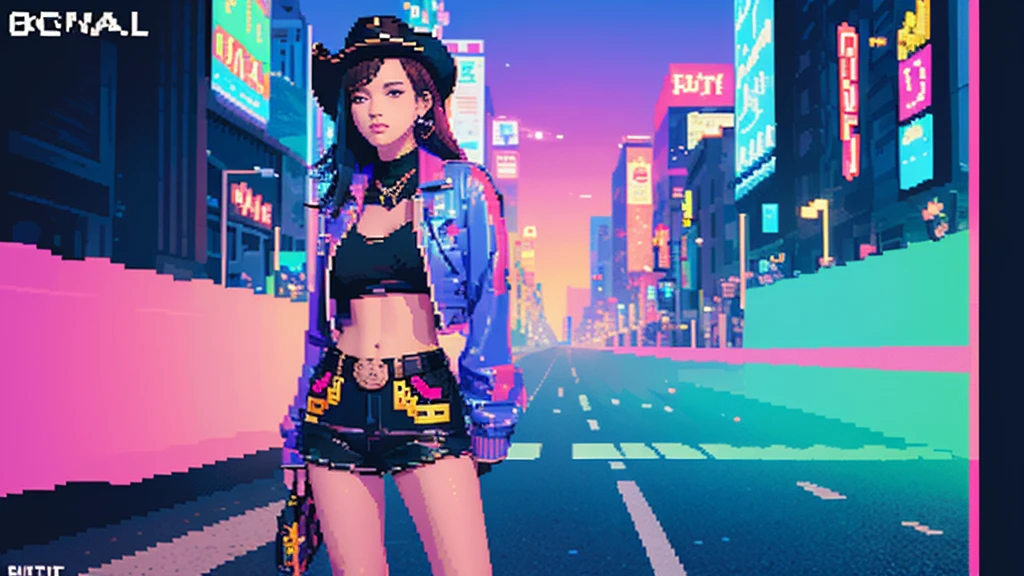 ((in the style of pixel art)), pixel, 4 bits pixel art,The aesthetics of vaporwave, Bright colors, A girl dressed in cyberpunk style, Cowboy Shot,whole body