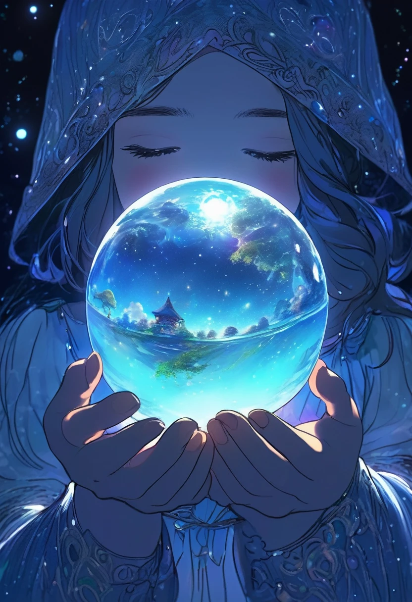 A girl holds a planet in her hands，Close-up，Glowing fluorescent feeling，transparency，dream，Monet&#39;s color scheme，Matte texture，high quality，a high resolution，Red Rose，BLUE，neon lights，space background