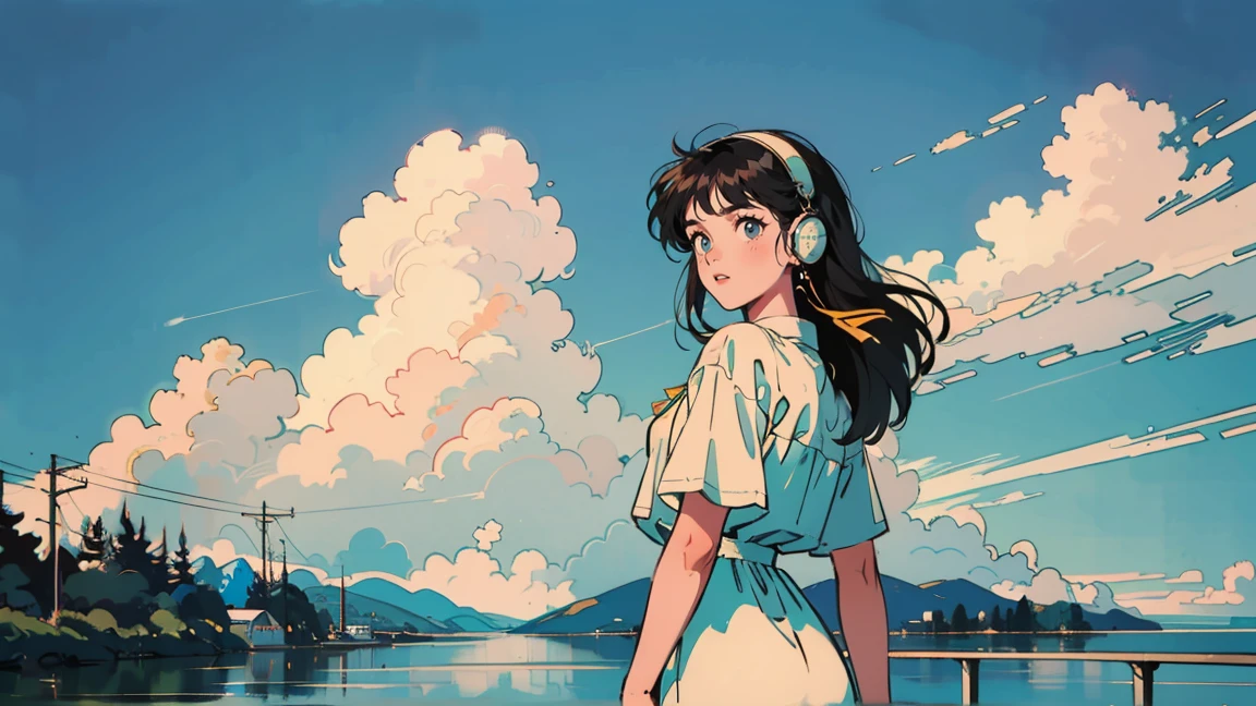 A coastal railway scene with a green and yellow tram stopped at a crossing. Blue sea and sky with white clouds in the background. In the foreground, a 21-year-old girl with long hair in 1980s style, wearing white clothes that beautifully contrast with the blue sky. She's wearing headphones and looking back towards the viewer, standing in front of the tram. The overall color palette has a retro, nostalgic feel.