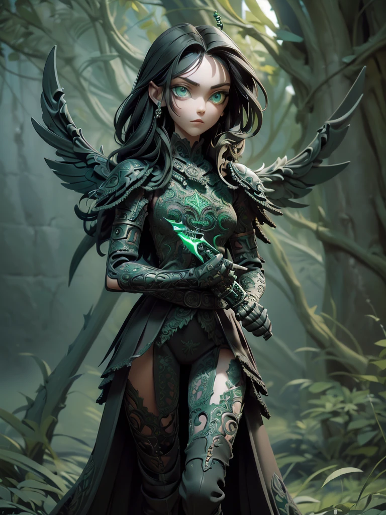 ((sticker of a black fairy with a cyborg arm wearing alternate green leaf costume)), translucent wings, shy and seductive, full body, natural pose, artwork by luis royo, freedom, digital illustration, (steampunk style), anatomy perfect, symmetrical face, well-shaped eyes, pretty face, elf ears, well defined hips, with a belt with several pockets, centered, approaching perfection, dynamic, highly detailed, watercolor painting, art station, concept art , soft, sharp focus, illustration, artwork by Carne Griffiths and Wadim Kashin, unique, award-winning, masterpiece, ((torn clothing))