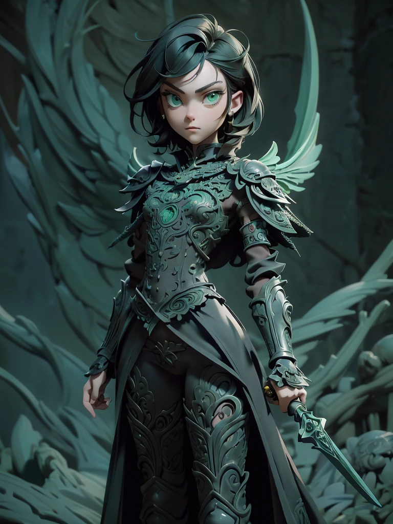 (((Best Quality))), (((Masterpiece))), ((Realistic)) ((full body shot)) slender cute angel girl, (green colored eyes), (short stylish black hair), wearing heavenly armor (intricate details:1.5) holding a godly sword(intricate details:1.5).