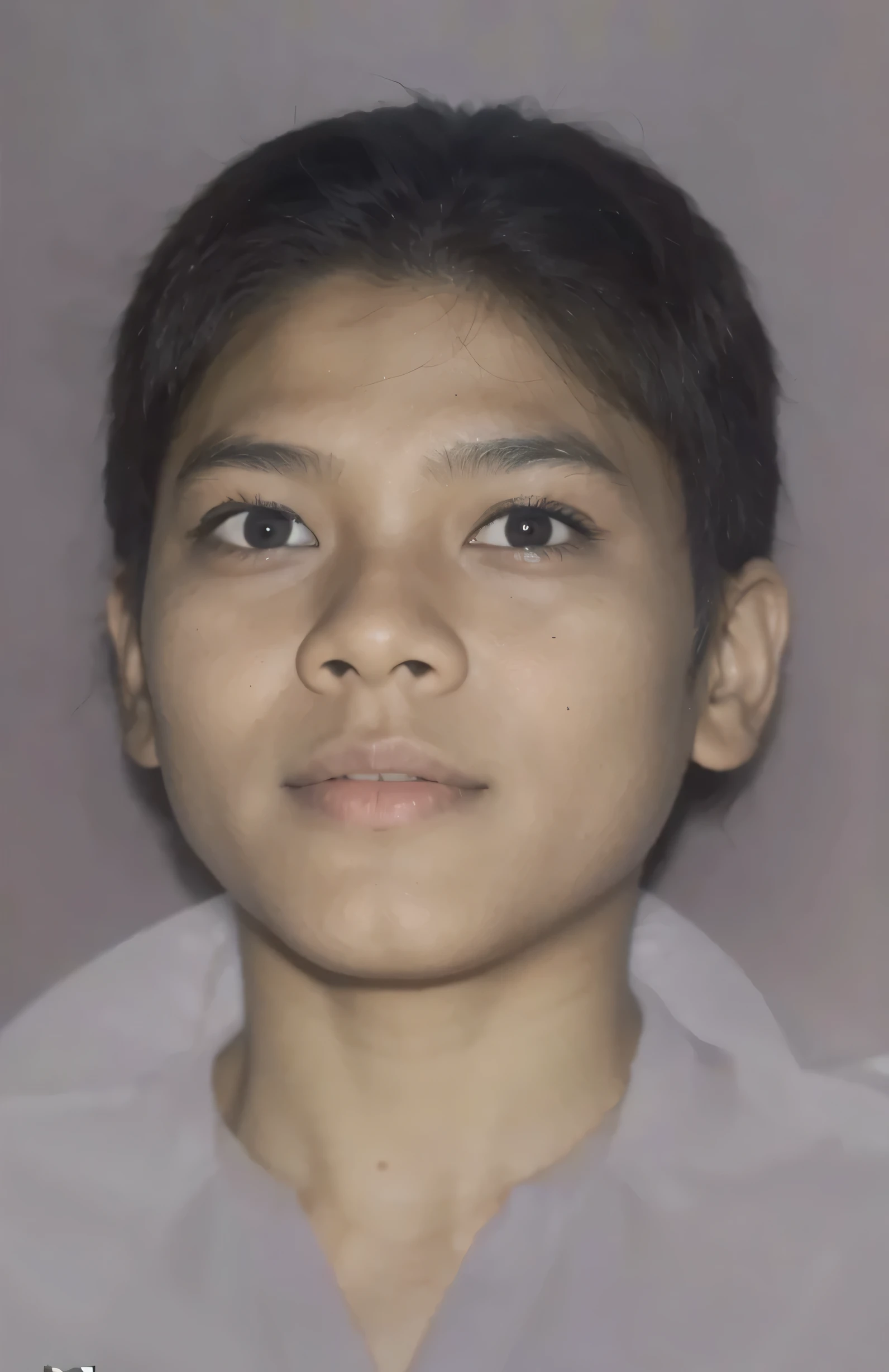 Indonesian boy, 8 , similar face, looking forward, short black hair, similar white clothes, similar background, looks very real and natural, hyperrealistic, light lighting