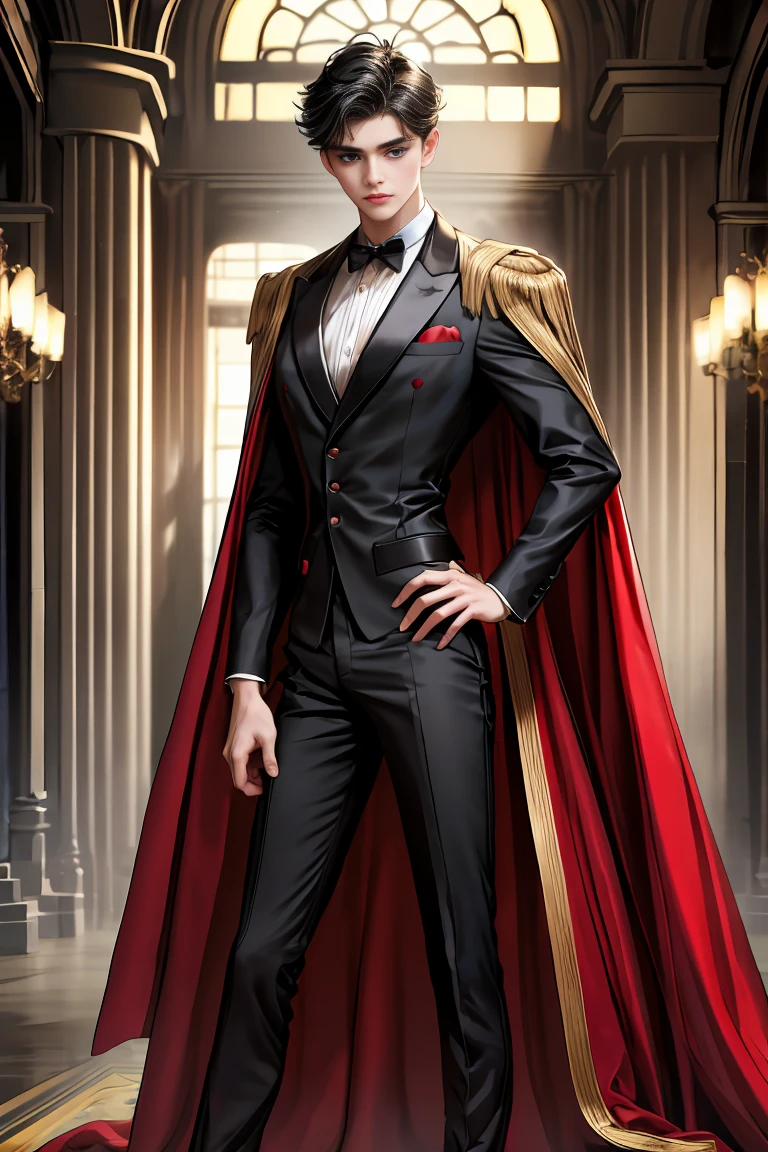 masterpiece, 最high quality, high quality, 1 boy, alone, Male focus, Watching the audience, Messy black hair, Adorable big blue eyes, White, Noble, Noble,A black and red cape that is bursting with sexy volume、Tuxedo、A very voluminous, large, very large, very large, long, long red and black cape with a high stand-up collar, made of a lot of fabric that reaches down to the floor., ,Cute beautiful boys,Cute, cute, kind, handsome guy