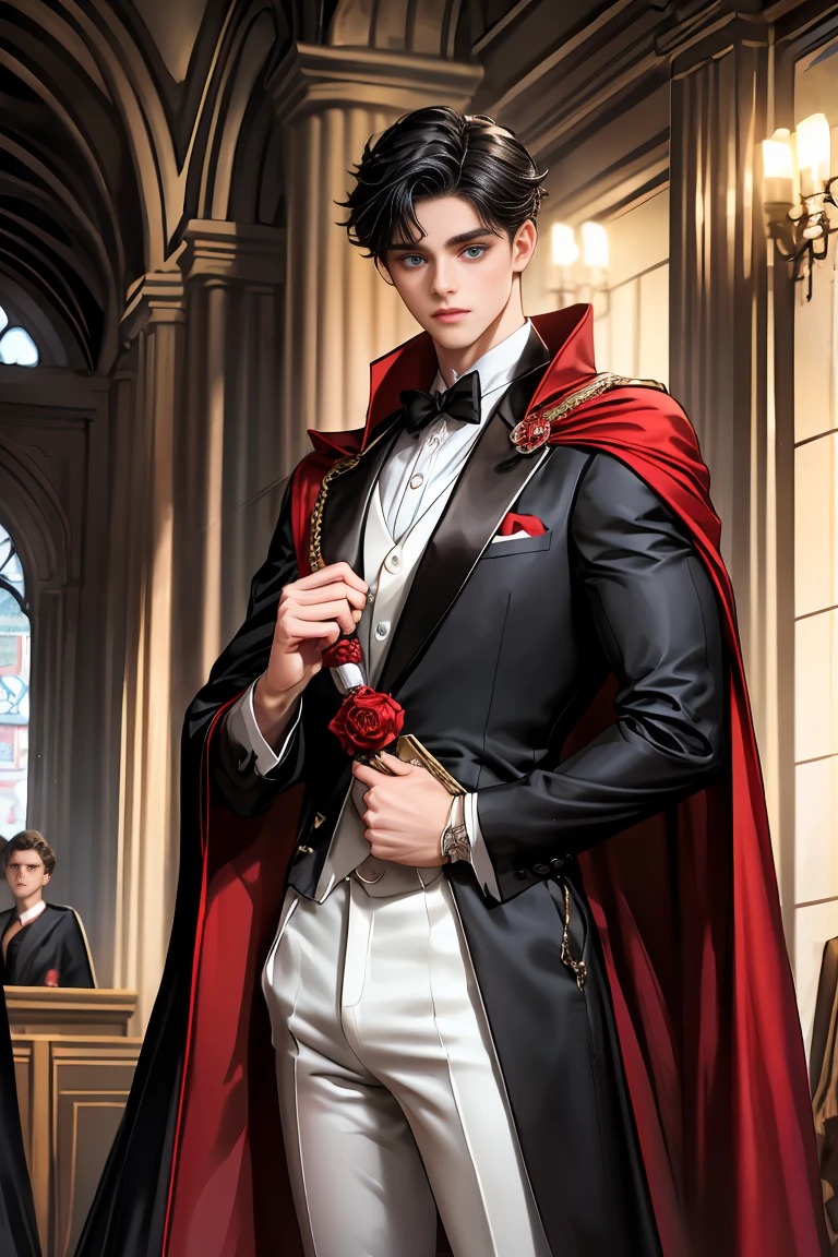 masterpiece, 最high quality, high quality, 1 boy, alone, Male focus, Watching the audience, Messy black hair, Adorable big blue eyes, White, Noble, Noble,A black and red cape that is bursting with sexy volume、Tuxedo、A very voluminous, large, very large, very large, long, long red and black cape with a high stand-up collar, made of a lot of fabric that reaches down to the floor., ,Cute beautiful boys,Cute, cute, kind, handsome guy