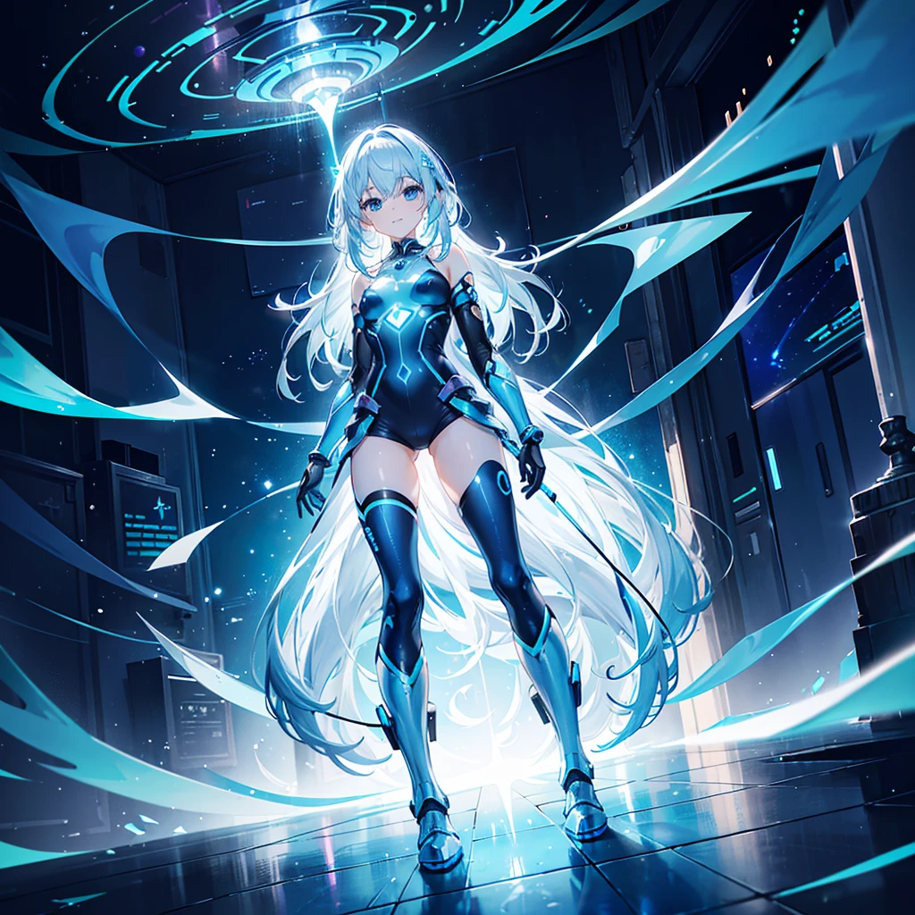 ((Holographic glow effect)),8k, Highest quality, (real:1.4), Original photo, 1 girl, Asari Hair, Biological Amplifier, Very sleek and futuristic armor, posture: Peace talks between warring factions,,attention arousal, smart blue eyes,A modest smile,Knee-high boots,Patent-look blue tights,Blue big moon and blue light swirl in the background,Blue light from behind,blue light magic,A small, glowing blue ball in the palm of your hand,Blue flame swirl,Blue Comet,Polished floor,