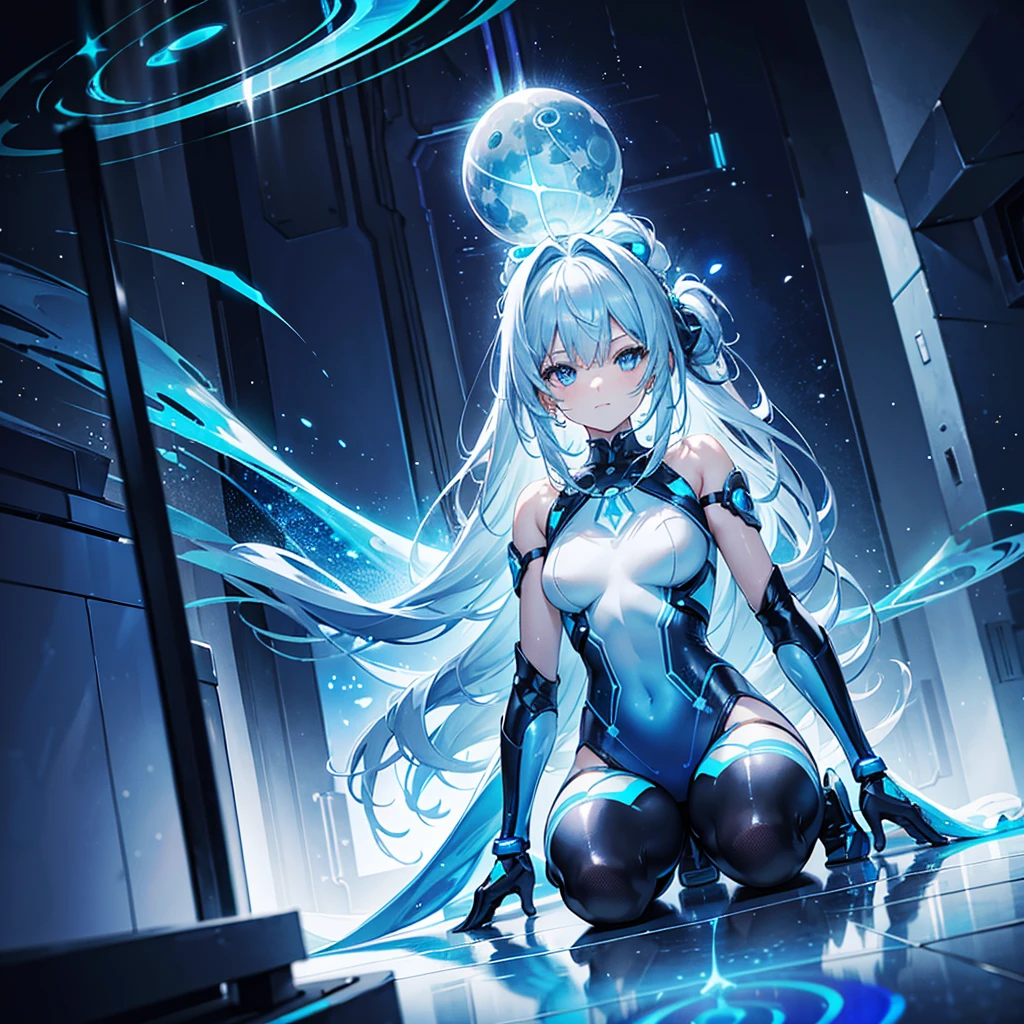 ((Holographic glow effect)),8k, Highest quality, (real:1.4), Original photo, 1 girl, Asari Hair, Biological Amplifier, Very sleek and futuristic armor, posture: Peace talks between warring factions,,attention arousal, smart blue eyes,A modest smile,Knee-high boots,Patent-look blue tights,Blue big moon and blue light swirl in the background,Blue light from behind,blue light magic,A small, glowing blue ball in the palm of your hand,Blue flame swirl,Blue Comet,Polished floor,