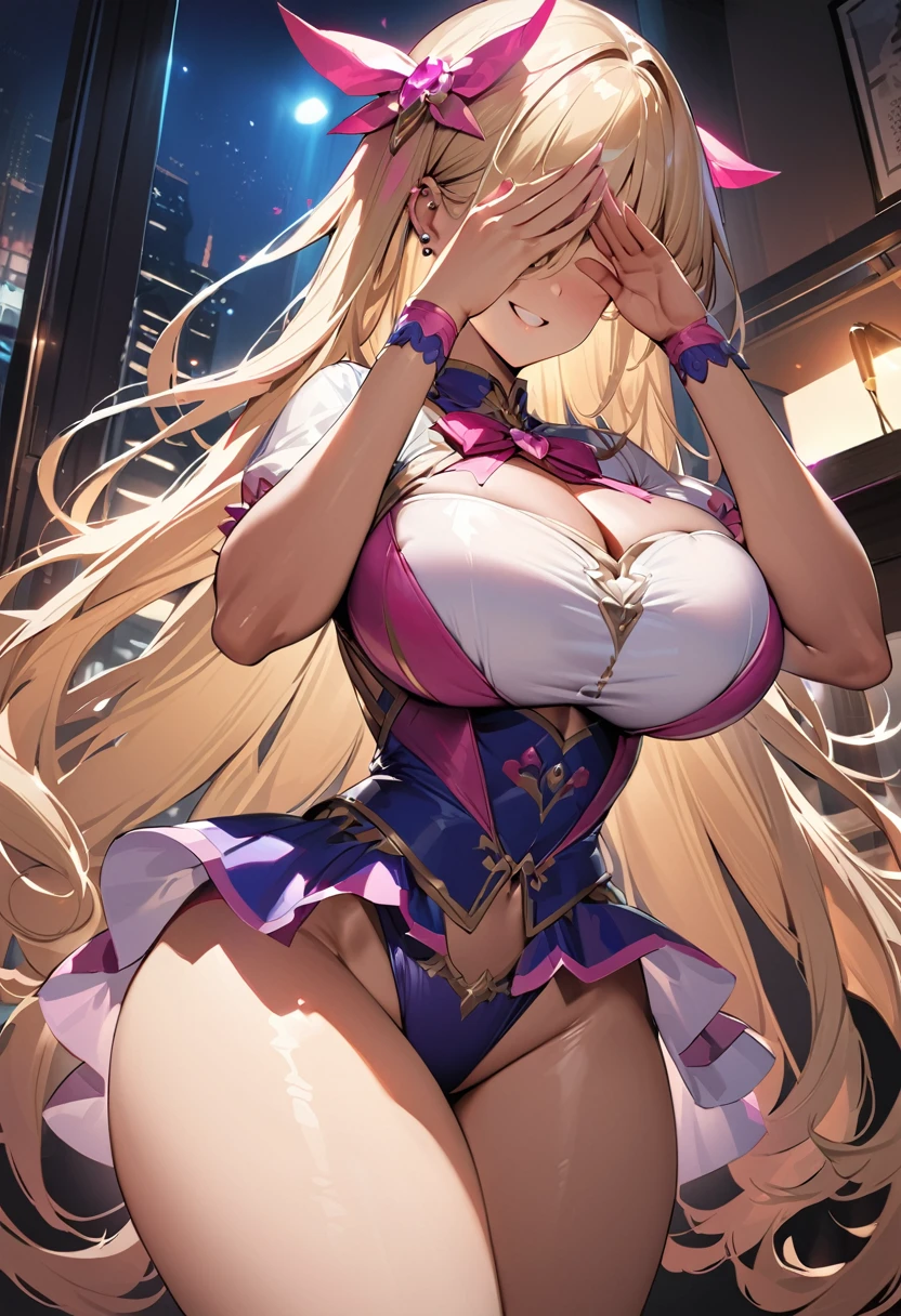 ((masterpiece, best quality, very detailed), ((girl)), ((blonde hair, very long hair, covering eyes)), pink eyes, smiling, ((lots of piercings)), ((big breasts)), cowboy shot, shot from below, office background, ((best quality)), ((masterpiece)), (detailed), (character focus, breast focus, full body), anime 2d rendering, realistic young anime woman, five fingers, perfect face, beautiful details, beautiful body, beautiful breasts, beautiful thighs, (huge breasts), beautiful legs, (black skin), , 12 year o(grins)), she turned her face and body towards the audience, beautiful face and charming smile, eternal, hair covering eyes, (very large breasts: 1.8) legs, succubus, enchanting three-dimensional, enchanting three-dimensional, enchanting three-dimensional, magical girl, bright pink, ((front hair covering your eyes)), night, dark skin