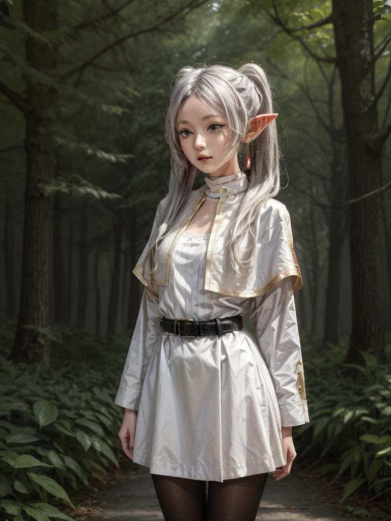 masterpiece, best quality, absurdres, 1girl, solo, FrierenBase, long hair, twintails, earrings, white capelet, striped shirt, horizontal stripes, long sleeves, belt, white skirt, gold-trim, black pantyhose, arms behind back, outdoors, forest,