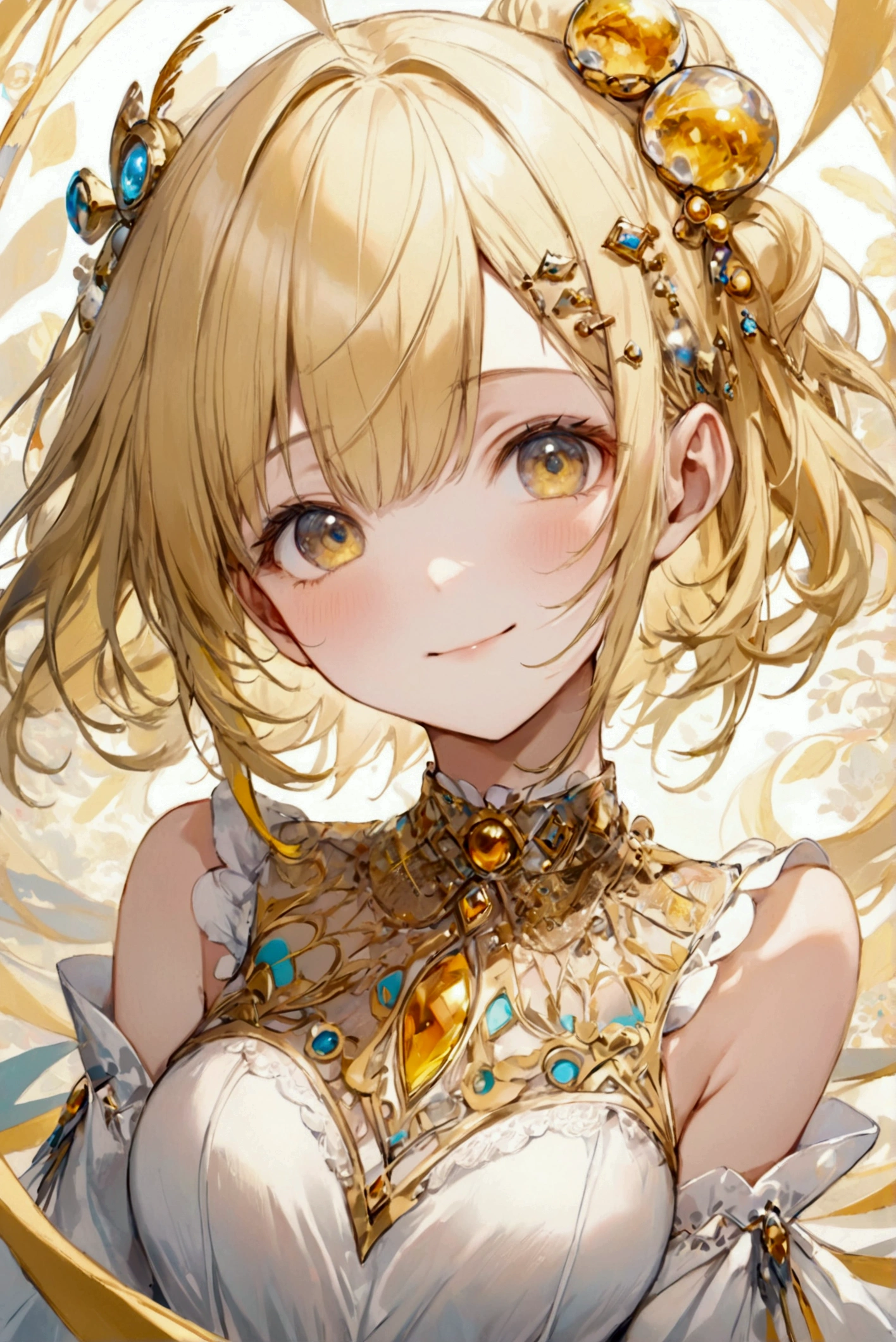 (Highest quality, 8k, 32K, masterpiece, Ultra-high resolution,:1.2),to be born, One Girl,So cute , hair ornaments, eye,Multicolored Hair,Upper Body,Blonde,dress, collar,Multicolored background, 金色のeye, 金色のeye,bangs, Blonde,Medium Hair,smile, Sexy pose, A fantasy background reminiscent of an electronic world,