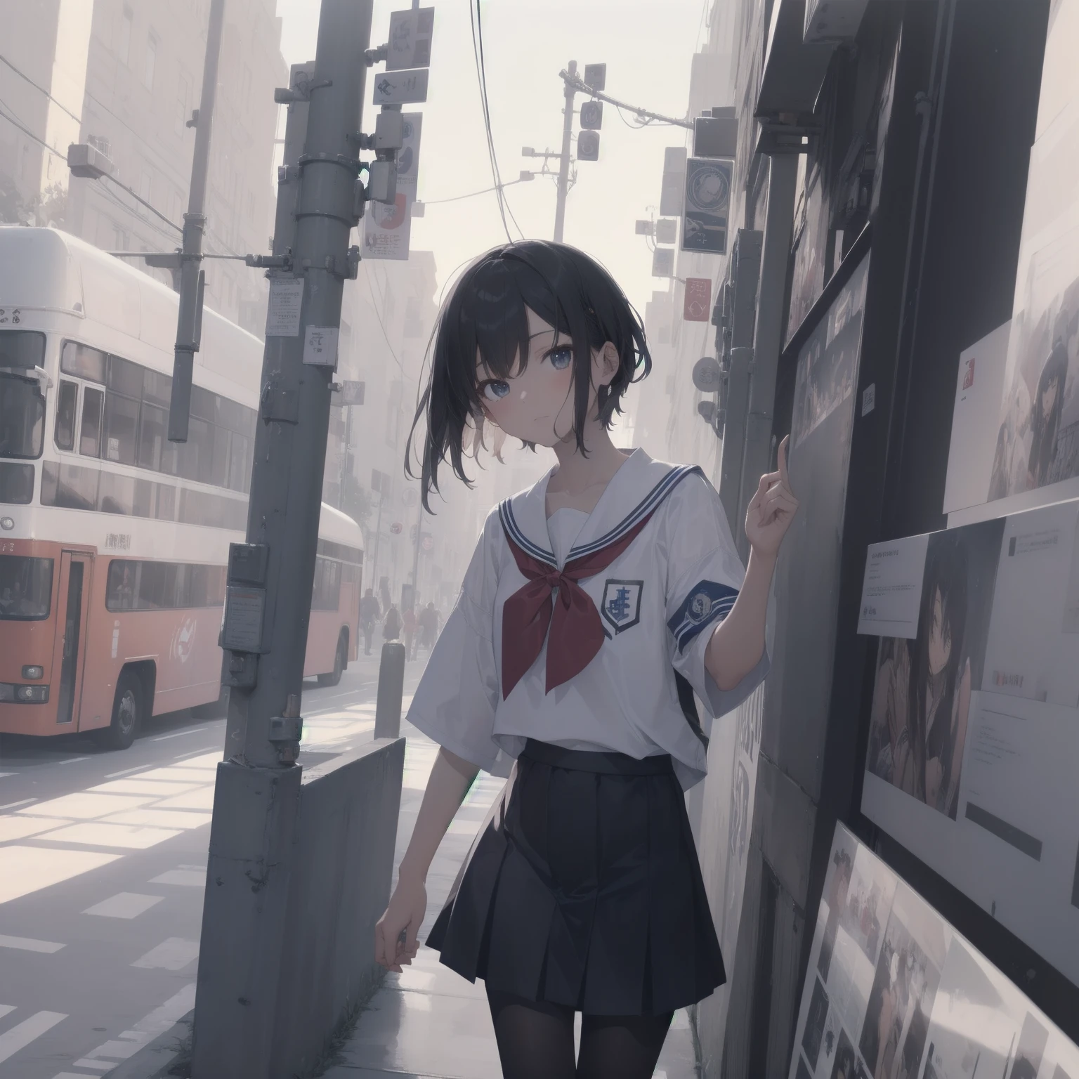 ultra-absurdres-Top quality by artist God, ultra-detailed, high resolution, anime moe artstyle, best anime 8k konachan wallpaper, pixiv contest winner, pool:2810, perfect anatomy,break, 1girl, (Please draw a girl walking sleepily to school alone. )break,(Solo,little female, 13-year-old:1.3),Full limbs, complete fingers,a junior high school student, (very short hair), short cut, flat chest, , small butt, small black eyes, beautiful detailed eyes, well-proportioned iris and pupils, expressive eyes, highres detailed hair, soft expression, salor school_uniform, sailor collar, serahuku, bow, pleated skirt,(Detailed Lighting), (Detailed background), in the School commute route. break,super detailed skin, Best cinematic lighting powered by famous artist, 8k,beauty illustration,photoshop_(medium),very aesthetic,break,((artist:zen_(kamuro) )), artist:clamp ,artist:carnelian ,artist:kantoku ,