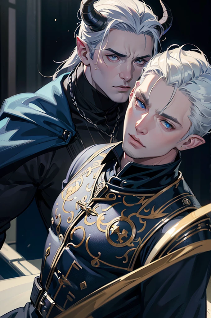 a muscular man with very short white hair, dark blue eyes, very pale skin, dark blue horns, horns, pointy ears, wearing ornate fantasy armor, dramatic lighting, dark blue and gray color palette, highly detailed, intricate, cinematic camera angle, dramatic mood, (best quality,4k,8k,highres,masterpiece:1.2),ultra-detailed,(realistic,photorealistic,photo-realistic:1.37)