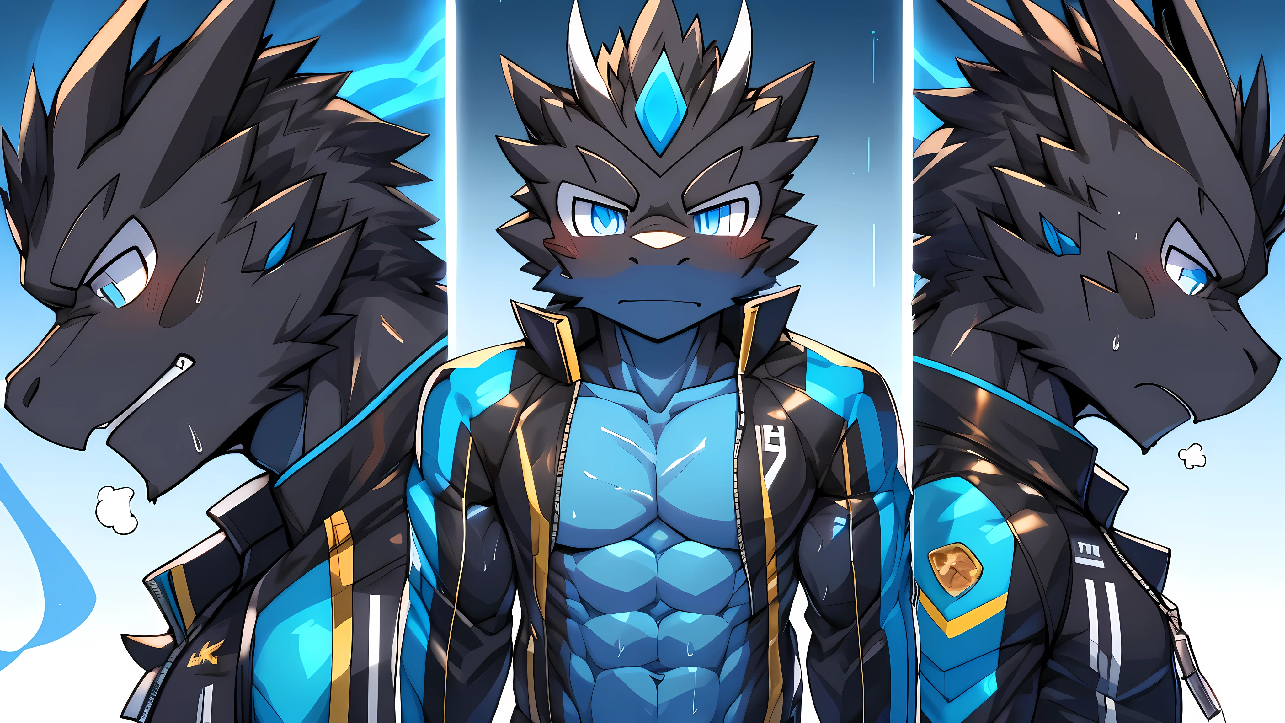 Thin macho　western black dragon　　abs　　　　　Hollow abs　　body suit　　thick arms　　　chest rig　　　、sweaty　　　skin glow　　profile　　Wearily　short of breath　　  　Chemo shota　　
have a 　blue eyes　Tired look jacket